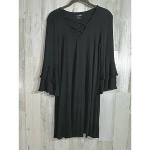 Alya‎ Womens Dress Size Medium Black Ribbed Criss Cross Neck Tiered Bell Sleeve